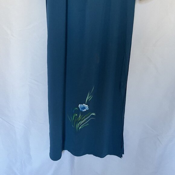 Vintage Teal Maxi Dress With Floral Hand-Painted Design & Long Sleeves high slit - Picture 9 of 10